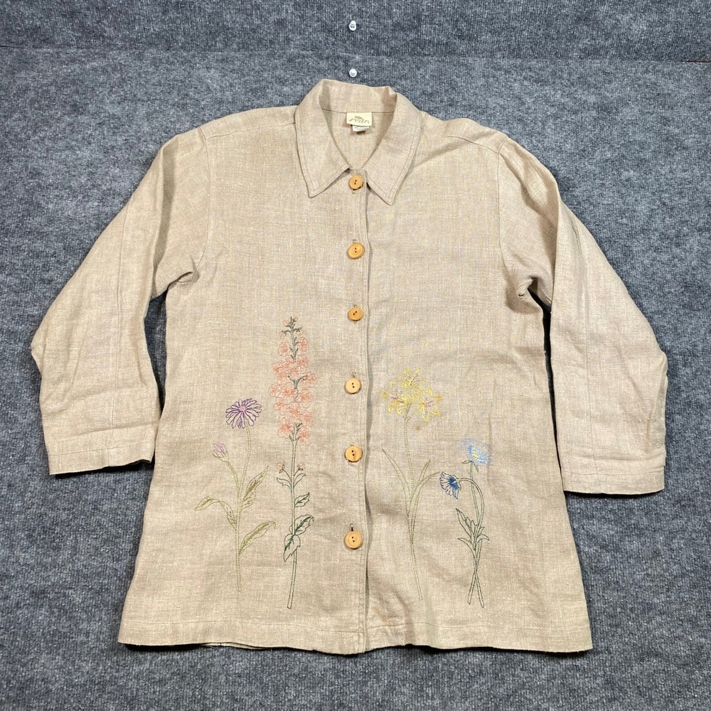 Pear Women Beige 100% Linen Embroidered‎ Floral Button Front Shirt Small 9201WF